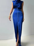 FOESCE Crop Tops Long Skirt Two Piece Set Women Elegant Sleeveless Top Suit With Front Split Skirt Lady Chic Sexy Evening Party Outfits