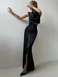 FOESCE Crop Tops Long Skirt Two Piece Set Women Elegant Sleeveless Top Suit With Front Split Skirt Lady Chic Sexy Evening Party Outfits