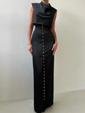 FOESCE Crop Tops Long Skirt Two Piece Set Women Elegant Sleeveless Top Suit With Front Split Skirt Lady Chic Sexy Evening Party Outfits
