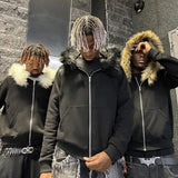 FOESCE Dark Faux Fur Collar Harajuku Hiphop Y2K Zip up hoodie Oversized Punk Zipper Hoodie sweatshirt Retro Rock Goth Streetwear Jacket