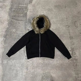 FOESCE Dark Faux Fur Collar Harajuku Hiphop Y2K Zip up hoodie Oversized Punk Zipper Hoodie sweatshirt Retro Rock Goth Streetwear Jacket