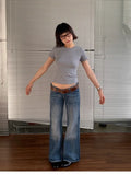 FOESCE Deeptown American Retro High Street Spicy Girls Low Waist Jeans Women Vintage Y2k Harajuku Baggy Solid Slim Denim Flared Pants