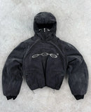 FOESCE Divin Vintage Washed Jacket Y2K Zipper Hoodie Mens Rock Hip Hop Retro Embroidery Oversized Hoodie Sweatshirt Zipper Jacket Coats