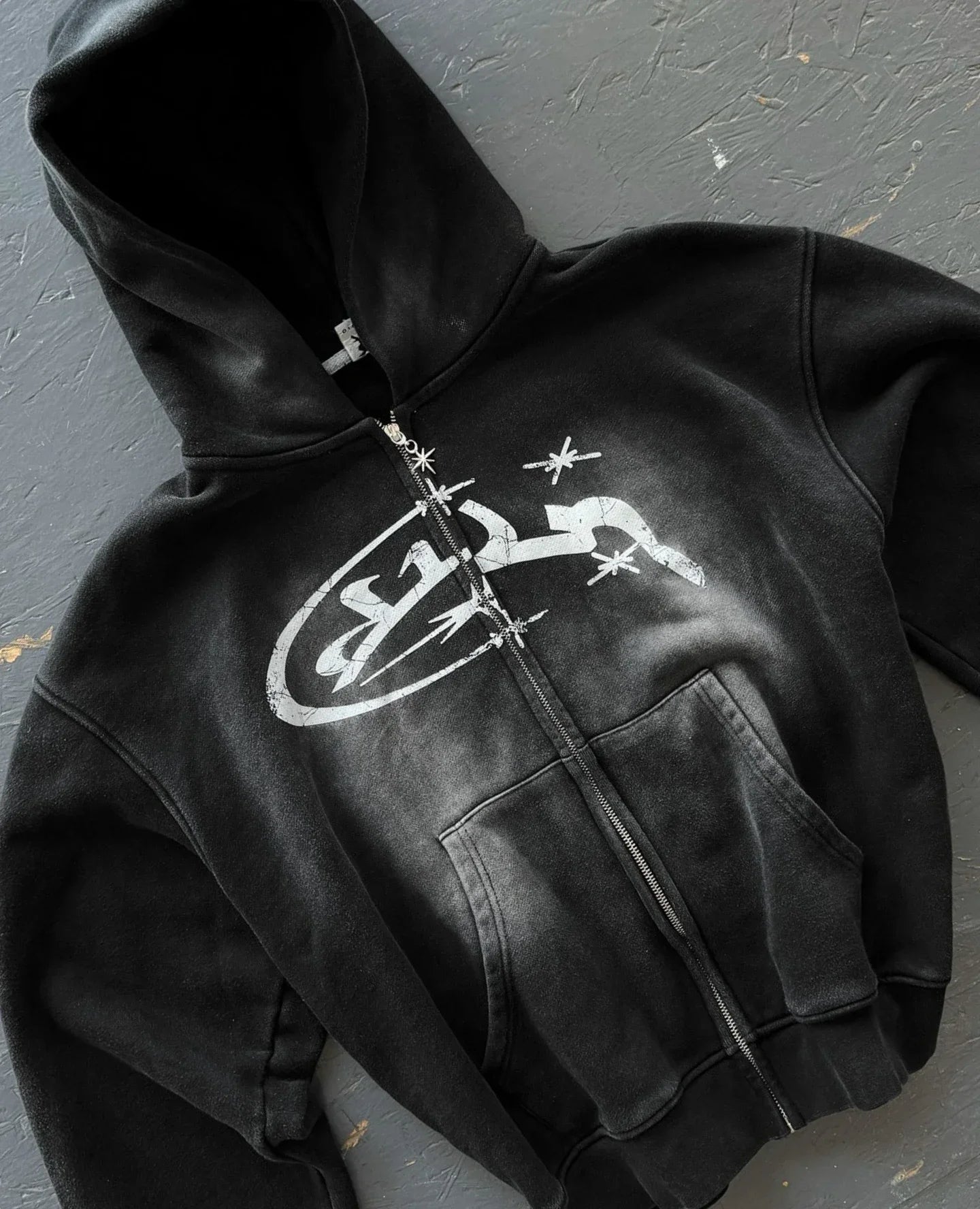 FOESCE Divin Vintage Washed Jacket Y2K Zipper Hoodie Mens Rock Hip Hop Retro Embroidery Oversized Hoodie Sweatshirt Zipper Jacket Coats