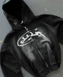 FOESCE Divin Vintage Washed Jacket Y2K Zipper Hoodie Mens Rock Hip Hop Retro Embroidery Oversized Hoodie Sweatshirt Zipper Jacket Coats