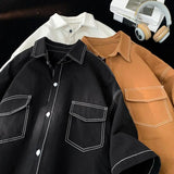 FOESCE Fall Spring Men Shirt Loose Fit Japanese Style Single-breasted Lapel Half Sleeve Buttons Breathable Mid Length Streetwear Top