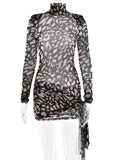 FOESCE Fantoye Turtleneck Sexy Sheer Print Leopard Bandage Women Dress Long Sleeve Mini Dress Lady Spring Slim Elegant Party Club Dress