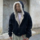 FOESCE Fashion Trend New American Cleanfit Fur Collar Hooded Cotton-padded Jacket Y2K Hip Hop Harajuku Vintage Overalls Men And Women