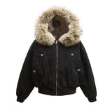 FOESCE Fashion Trend New American Cleanfit Fur Collar Hooded Cotton-padded Jacket Y2K Hip Hop Harajuku Vintage Overalls Men And Women