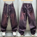 FOESCE Fuchsia Vintage Cargo Jeans Fashion Street Hip Hop Harajuku Trousers High Quality Luxury Brand Pant