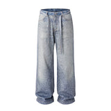 FOESCE Full Rhinestone Print Washed Blue Baggy Jeans Mens and Women Ropa Hombre Streetwear Solid Casual Denim Trousers Loose Cargos