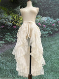 FOESCE Gothic Lolita Lace Mesh Ruffles Fairy Princess Party Skirt Women Asymmetrical Cute Curtain Sheer Cover Up Thin Long Skirt White