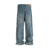 FOESCE Graffiti Ink Splashing Mud Dyed Baggy Jeans for Men and Women Washed Streetwear Loose Casual Denim Trousers Oversized Cargos