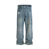FOESCE Graffiti Ink Splashing Mud Dyed Baggy Jeans for Men and Women Washed Streetwear Loose Casual Denim Trousers Oversized Cargos