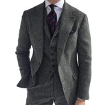 FOESCE Gray Wool Tweed Winter Suit for Men Herringbone Slim Fit Formal Groom Tuxedo 3 Piece Wedding Male Suits (Jacket+Vest+Pants)