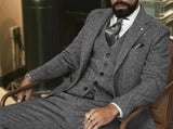 FOESCE Gray Wool Tweed Winter Suit for Men Herringbone Slim Fit Formal Groom Tuxedo 3 Piece Wedding Male Suits (Jacket+Vest+Pants)