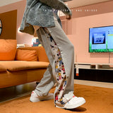FOESCE Cartoon pants men's autumn loose vibe high street casual pants spring and autumn Korean version Trend Sports straight tube wide