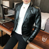 FOESCE Blazer Hombre PU Leather Jackets Men Fashion Solid Slim Fit One Button Business Casual Blazers For Men Korean style Suit Jacket
