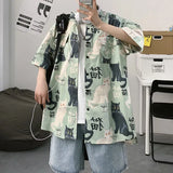 FOESCE Summer Short Sleeve Shirt Men's half Sleeve inch Shirt trend cat print student loose casual Shirt trend shirts
