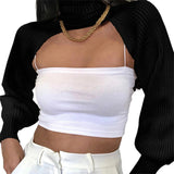 FOESCE Women Sexy Turtleneck Long Puff Sleeve Knitted Sweater Arm Warmers Backless Knitwear Pullover Crop Top