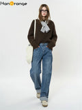 FOESCE HanOrange 2025 Early Spring Loose Straight Jeans Women Cotton Denim Pants Blue