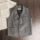FOESCE Men's Retro Herringbone Pattern Vest Men's Suit Collar Vest Slim-fit Tweed Vest Wedding Vest Men