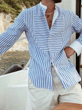 FOESCE Men's Hawaiian Patchwork Striped Long Sleeve Shirts Fashion Casual Stand Collar Vacation Quick Dry Streetwear Leisure Blouse