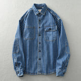 FOESCE Heavy Japanese vintage washed vertical stripe denim shirt men's loose large size cotton long-sleeved shirt jacket