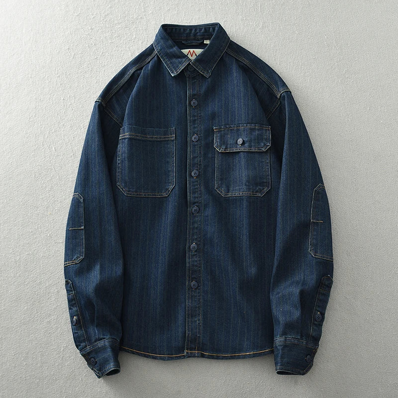 FOESCE Heavy Japanese vintage washed vertical stripe denim shirt men's loose large size cotton long-sleeved shirt jacket