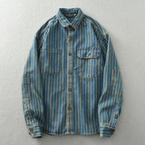 Heavyweight Washed Denim Men Shirt Retro Spring Autumn 100% Cotton Vertical Stripped Male Long Sleeve Jeans Coat Loose Workwear