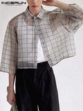 FOESCE INCERUN Men Shirt Plaid Mesh Transparent 2025 Lapel 3/4 Sleeve Sexy Casual Men Clothing Streetwear Loose Button Fashion Camisas