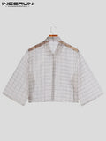 FOESCE INCERUN Men Shirt Plaid Mesh Transparent 2025 Lapel 3/4 Sleeve Sexy Casual Men Clothing Streetwear Loose Button Fashion Camisas
