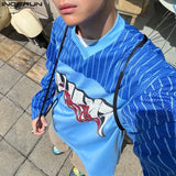 FOESCE INCERUN Tops Korean Style Fashion Men's Printed Striped Hollow Mesh T-shirts Casual Streetwear Male V-neck Long Sleeved Camiseta