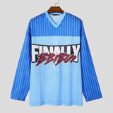 FOESCE INCERUN Tops Korean Style Fashion Men's Printed Striped Hollow Mesh T-shirts Casual Streetwear Male V-neck Long Sleeved Camiseta
