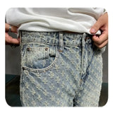 FOESCE Jacquard All Over High Street Jeans Mens 2024 New Straight Lift Pattern Loose Wide Leg Jeans Casual Boyfriend Jeans Pants Tide