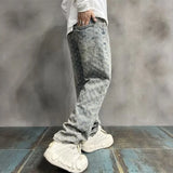 FOESCE Jacquard All Over High Street Jeans Mens 2024 New Straight Lift Pattern Loose Wide Leg Jeans Casual Boyfriend Jeans Pants Tide