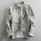 Japan Style Mens Cotton Linen Shirts Harajuku Stand Collar Long Sleeve Slim Solid Color Male Casual Breathable Classical Tops
