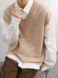 FOESCE Knitted Sweaters for Men Plain Man Clothes Vest Sleeveless Solid Color V Neck Waistcoat Cigaret A Street Korean 2025 Autumn Tops