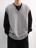 FOESCE Knitted Sweaters for Men Plain Man Clothes Vest Sleeveless Solid Color V Neck Waistcoat Cigaret A Street Korean 2025 Autumn Tops