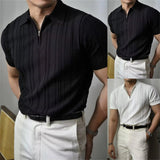 FOESCE Korean Luxury Slim Soild Retro Tops Tees Clothes Knit Shirts Short Sleeve Quarter Zip Casual T Shirts Retro Camisas De Hombre