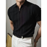 FOESCE Korean Luxury Slim Soild Retro Tops Tees Clothes Knit Shirts Short Sleeve Quarter Zip Casual T Shirts Retro Camisas De Hombre