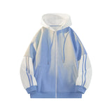 FOESCE Korean Style Trendy Striped Design Hooded Sweatshirt for Men Women Casual Zipper Cardigan Jacket Contrast Color Unisex Outerwear