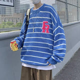 FOESCE Lazy Style Sweater for Men New Retro Japanese Striped Letter Loose Fitting Pullover Long Sleeved Top for Outerwear