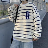 FOESCE Lazy Style Sweater for Men New Retro Japanese Striped Letter Loose Fitting Pullover Long Sleeved Top for Outerwear