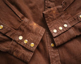 FOESCE Long Men's Denim Shirt Sleeves Regular Fit Washed Embroidery Brown Western Cowboy Safari Style Vintage Designer Clothing