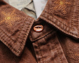 FOESCE Long Men's Denim Shirt Sleeves Regular Fit Washed Embroidery Brown Western Cowboy Safari Style Vintage Designer Clothing
