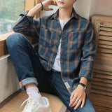 FOESCE Long Sleeve Men's Shirt and Blouse Cargo Clothes with Pocket Plaid Male Top Luxury Button Aesthetic Sleeves Fashion 2025 Vintage