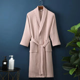 FOESCE Long Waffle Bathrobe Unisex Men's V Neck Lace-up Nightgown with Pockets Loose Long Sleeve Sleepwear Towel Bathrobe for Hotel