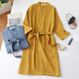 FOESCE Long Waffle Bathrobe Unisex Men's V Neck Lace-up Nightgown with Pockets Loose Long Sleeve Sleepwear Towel Bathrobe for Hotel