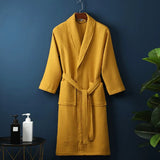 FOESCE Long Waffle Bathrobe Unisex Men's V Neck Lace-up Nightgown with Pockets Loose Long Sleeve Sleepwear Towel Bathrobe for Hotel